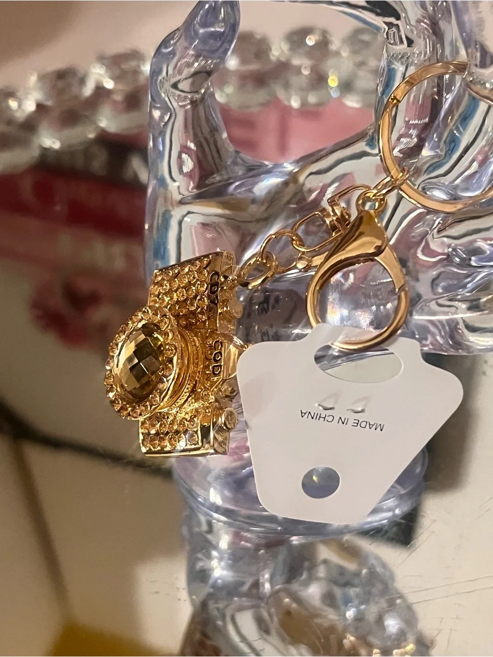 Gold Crystal Camera Keychain Holder or charm Charm